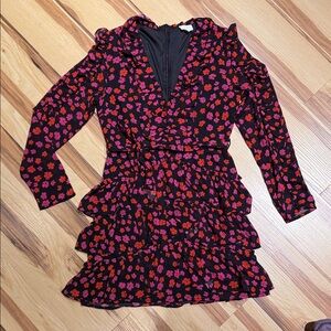 Elegant Floral Ruffle Mini Dress - Black and Pink